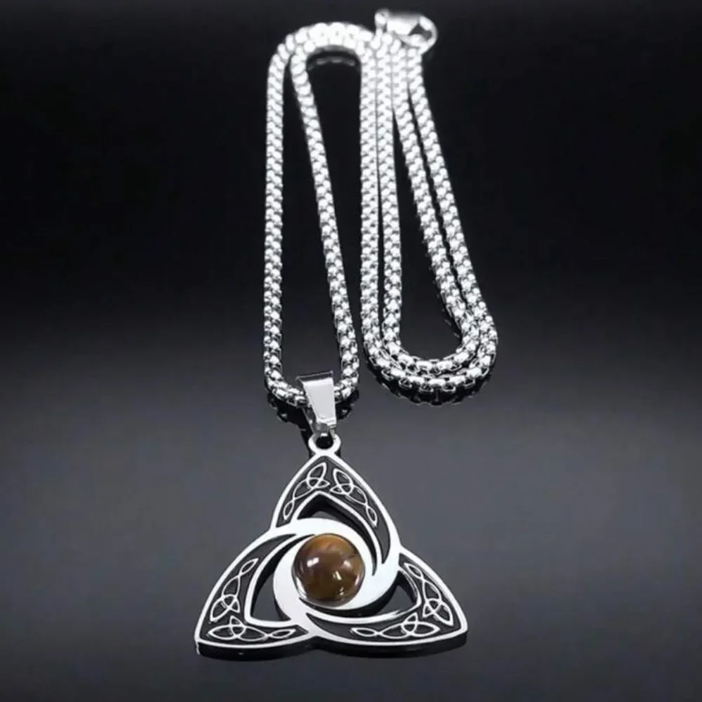 Viking Trinity Knot Necklace Stainless Steel Tiger Eye Witch‎ Irish Celtic